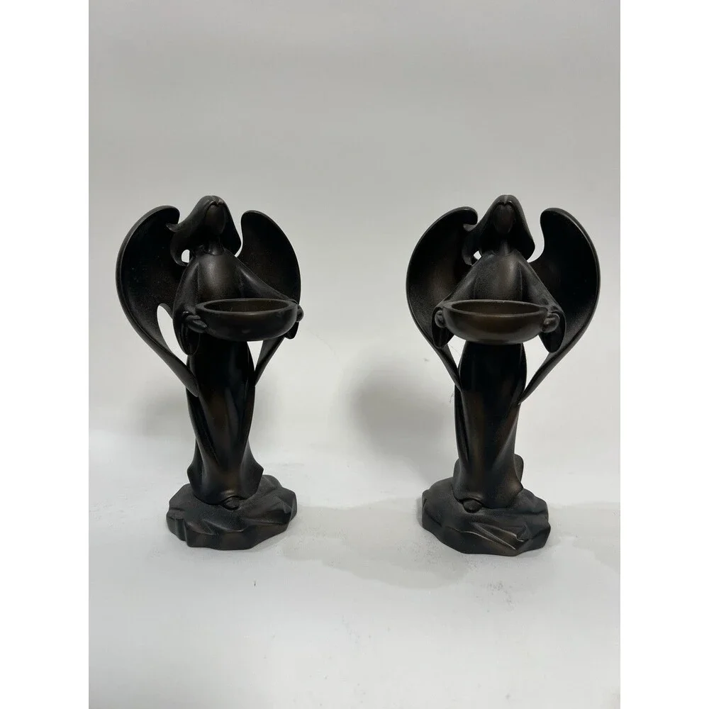 PartyLite CSF Set of 2 Black Metal Angel Votive/Tea Light Candle Holders